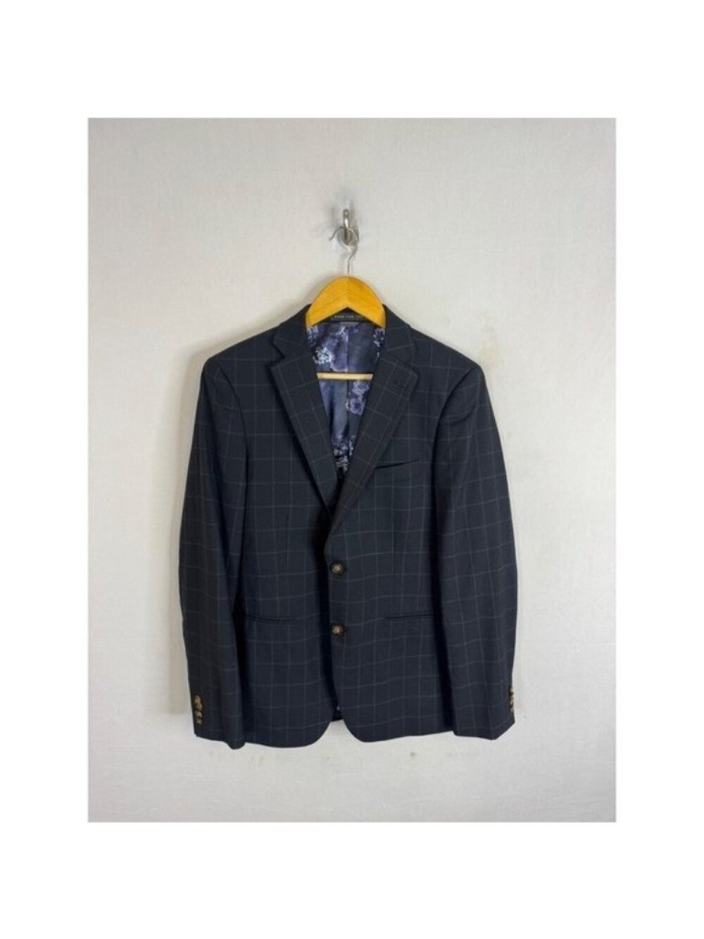 Indochino Mens Black Windowpane 100% Wool Blazer Floral Lining Men 38R